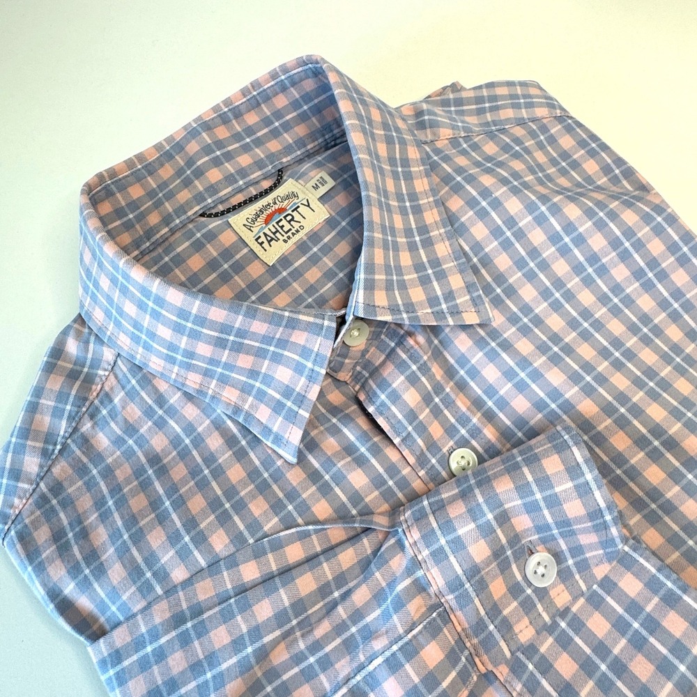 FAHERTY Mens Movement Long Sleeve Button Up Shirt MED Blue & Pink Plaid Casual